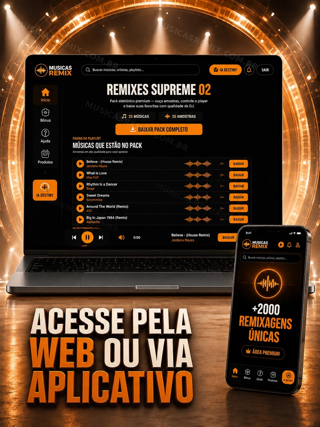 Painel de músicas sendo acessado pelo computador e pelo aplicativo no celular