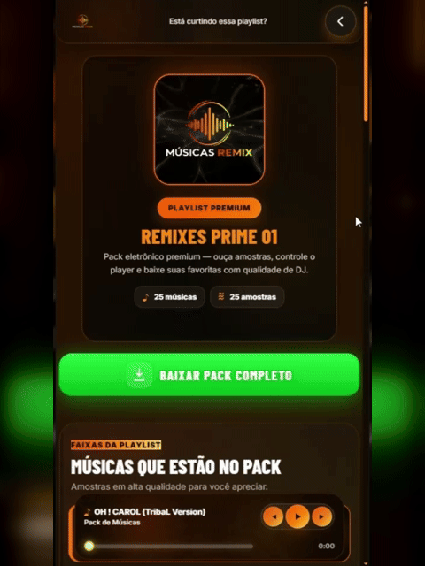 Demonstração animada da playlist aberta para ouvir e baixar